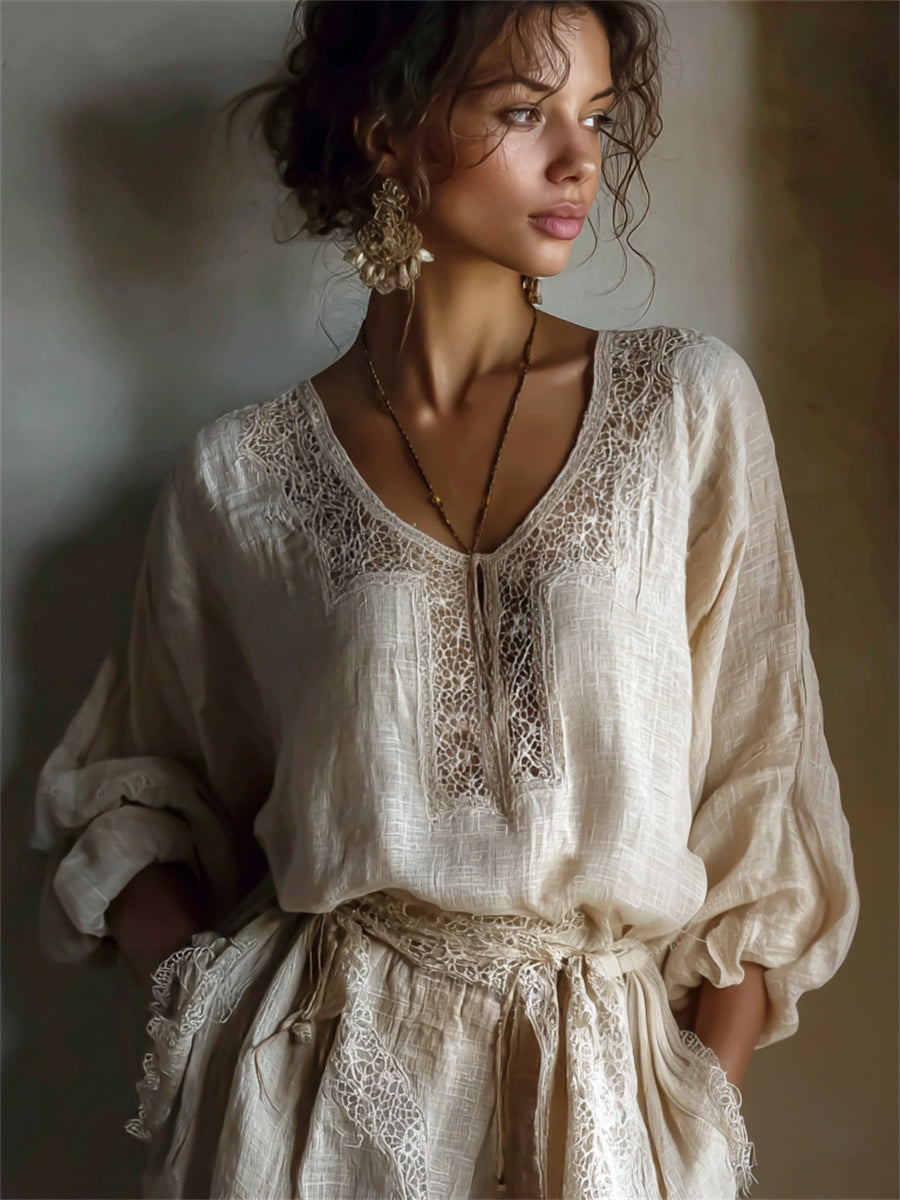 Kvinnors Vintage spets Print Flowy Puff ärm lin skjorta
