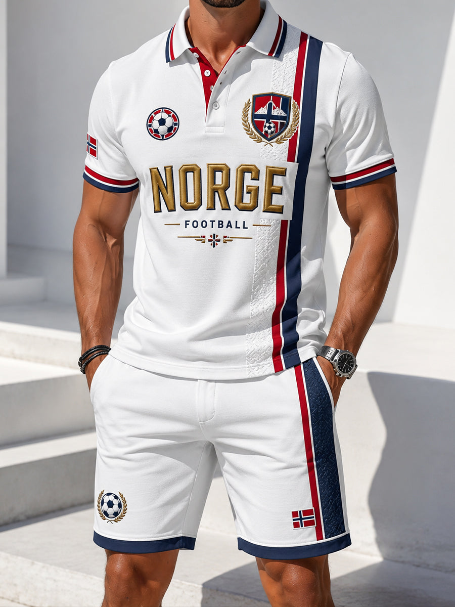Herrpaket med retroinspirerad norsk fotbollssupportermatchkonsttryck på polotröja – 2-delat set
