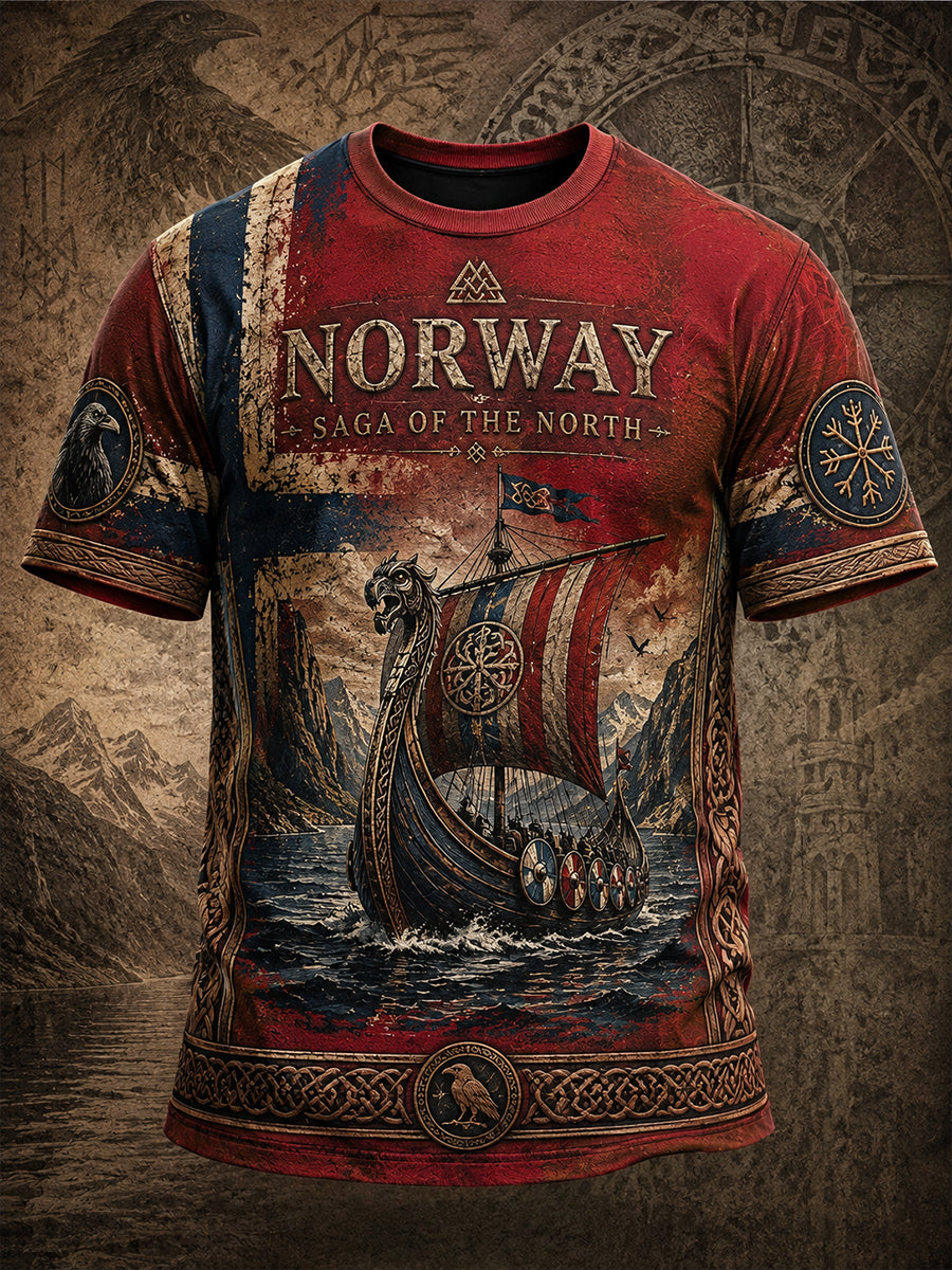 Retro nordisk norsk vikingkonsttryck avslappnad t-shirt