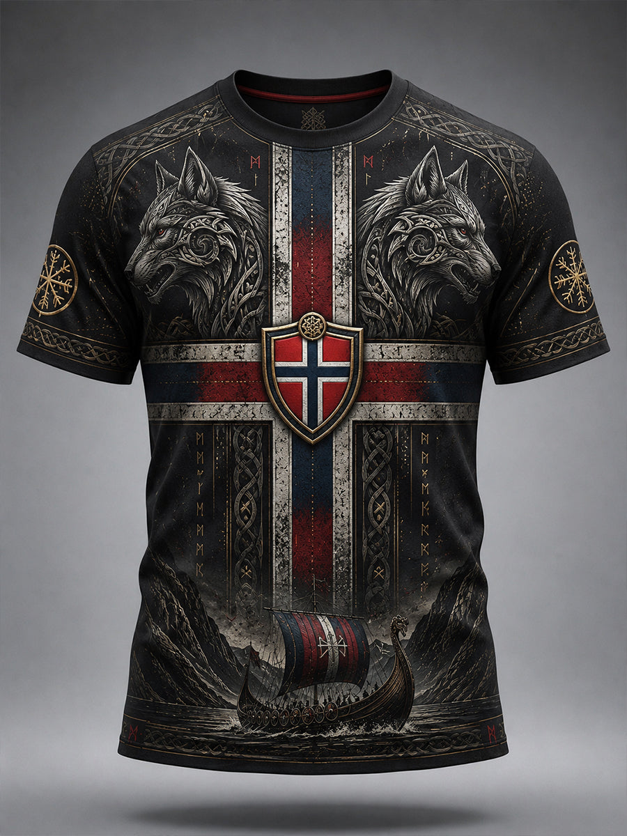 Retro nordisk norsk vikingkonsttryck avslappnad t-shirt
