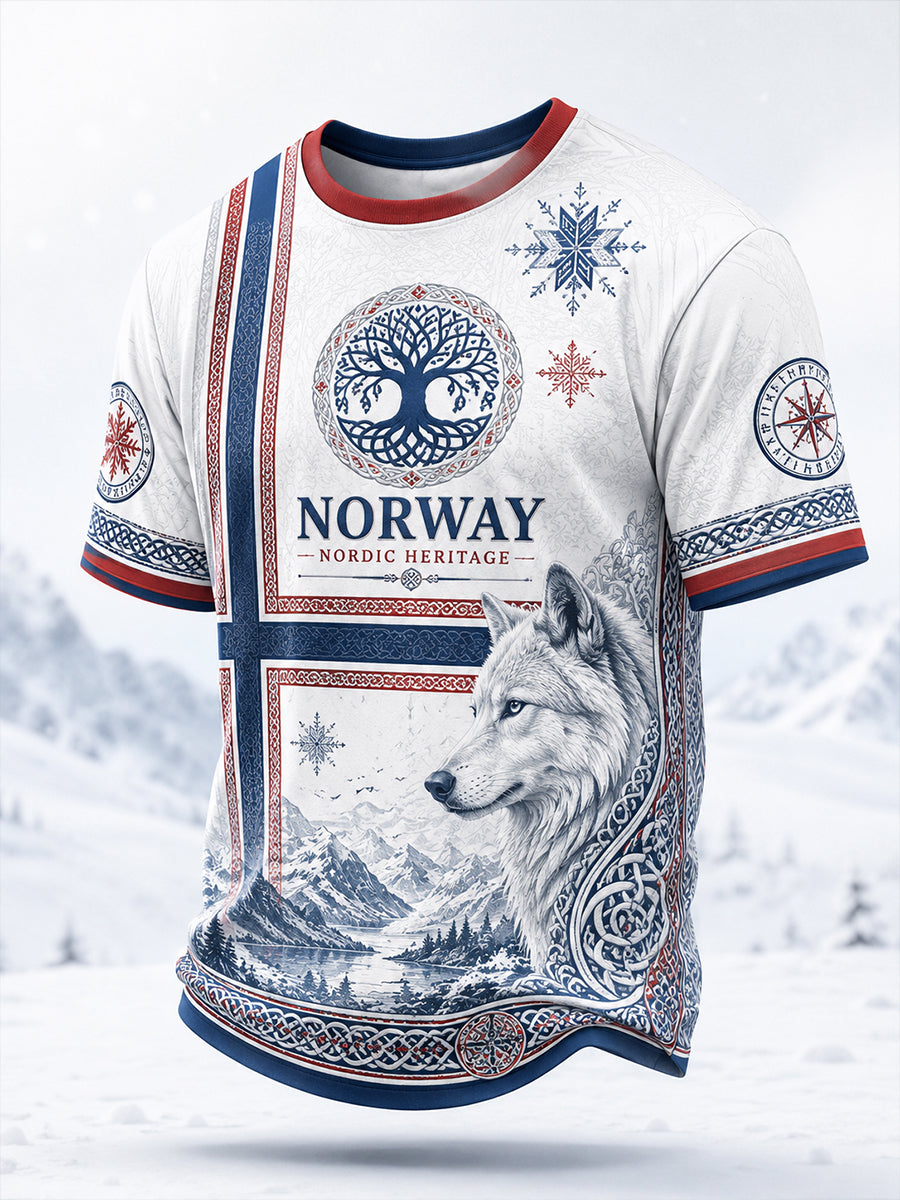 Retro nordisk norsk vikingkonsttryck avslappnad t-shirt