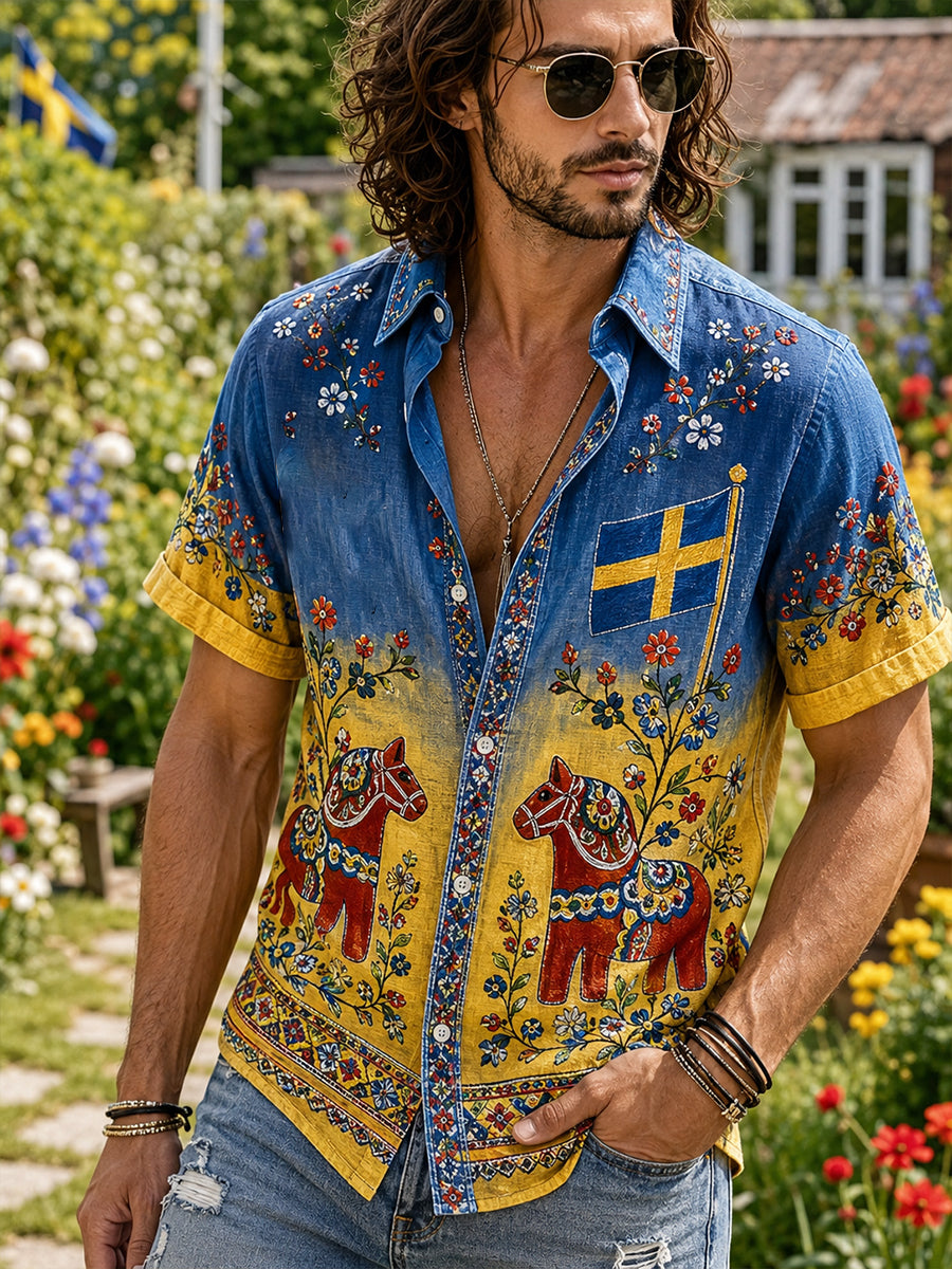 Herrskjorta med midsommarblommönster och korta ärmar