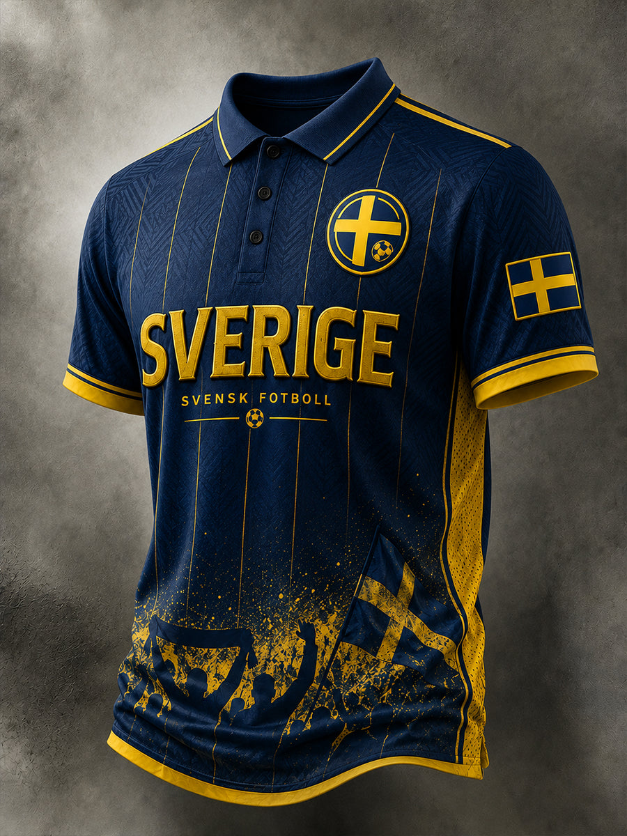 Retro svensk fotbollsfan som hejar konsttryck avslappnad pikétröja