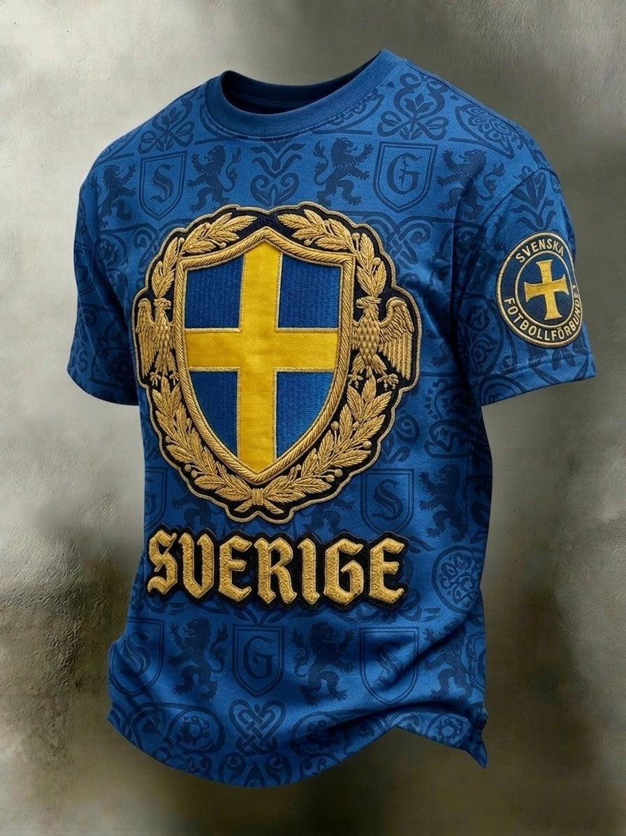 Herrtröja i retrostil med svensk fotbollsmotiv och korta ärmar