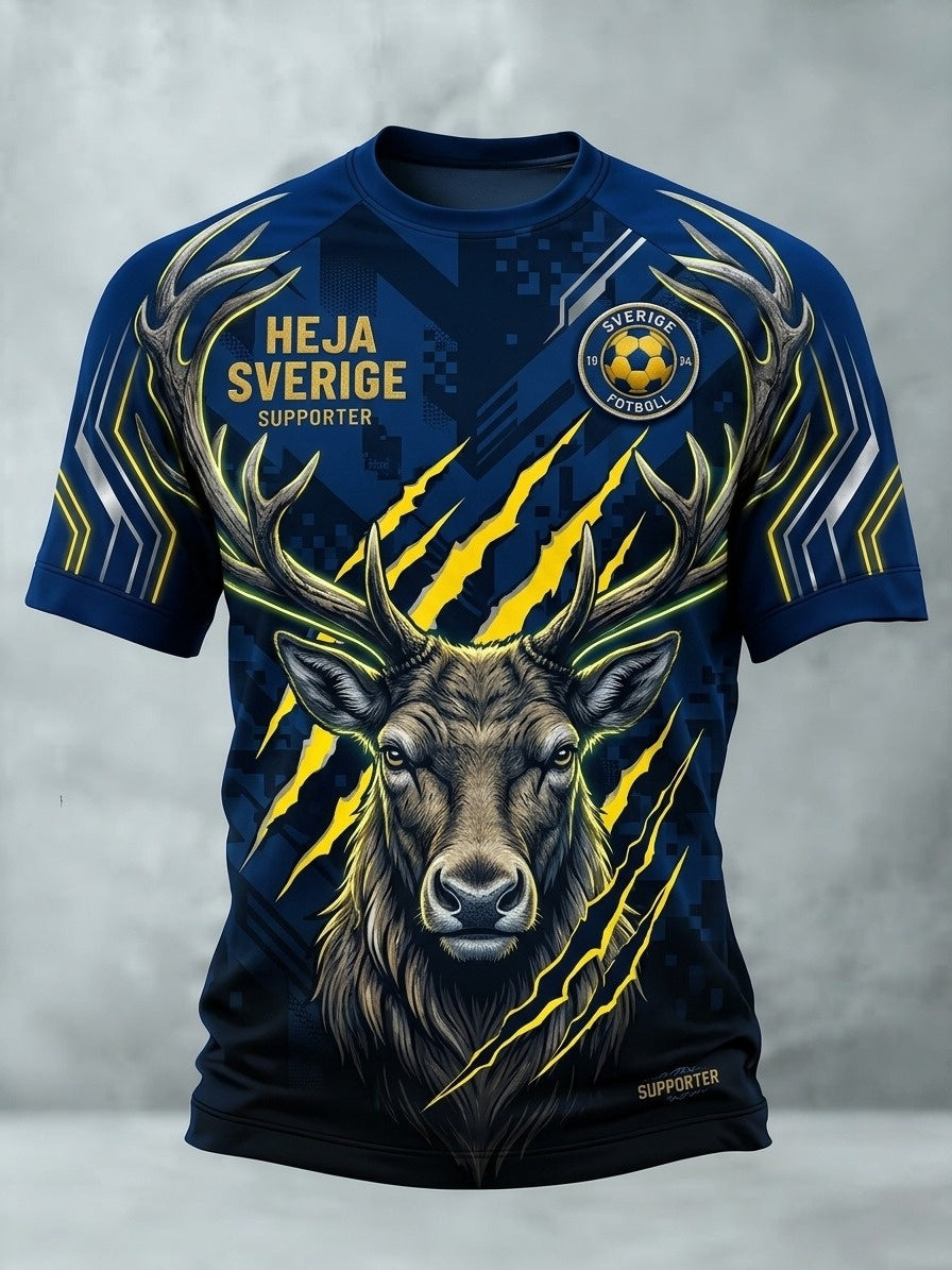 Herrtröja i retrostil med svensk fotbollsmotiv och korta ärmar