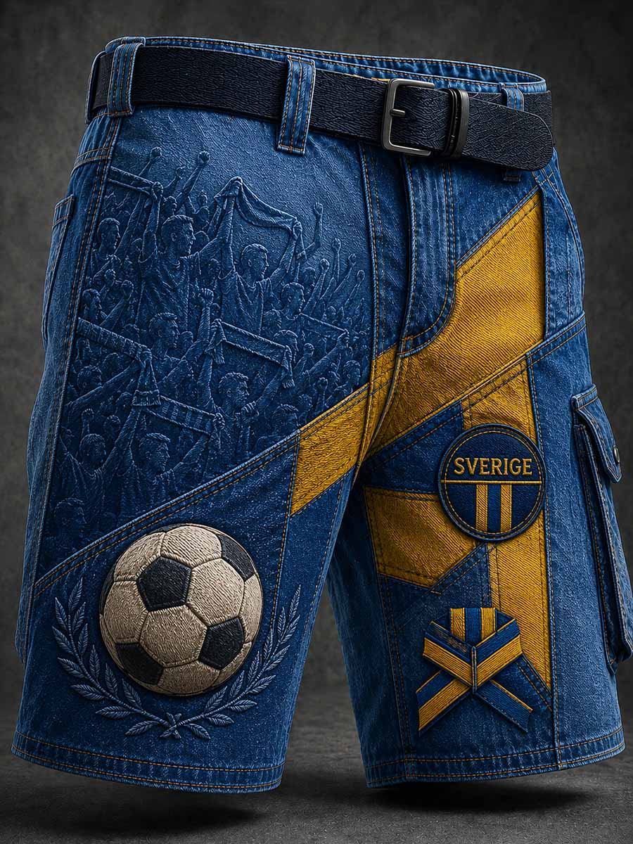 Retro svensk fotbollssupporter som hejar konsttryck avslappnad kort stil