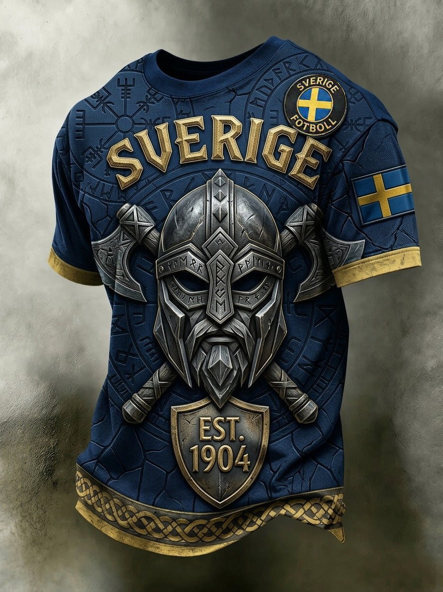 Herrtröja i retrostil med svensk fotbollsmotiv och korta ärmar
