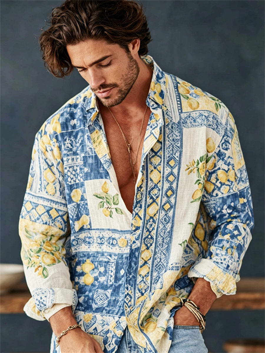 Mäns Vintage Lemon Botaniska Färgblock Skriv ut semesterlinne tröj