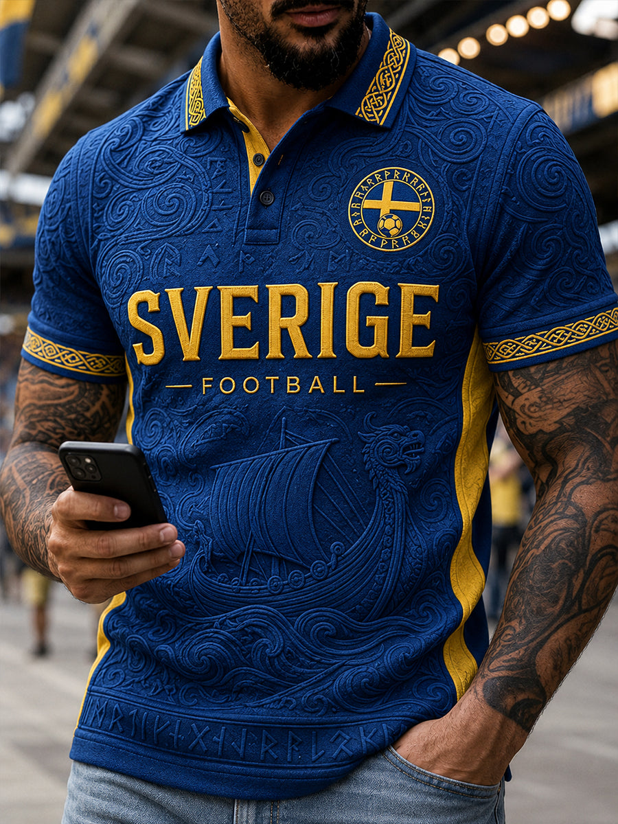 Retro svensk fotbollsfanart-print avslappnad pikétröja