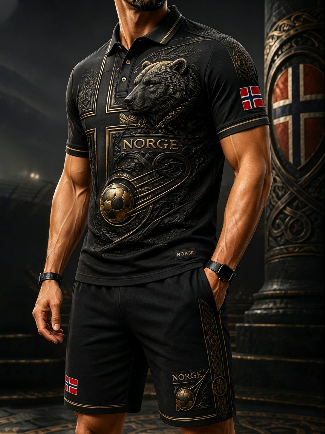 Herrpolotröja med konsttryck och hejande element från en norsk fotbollsmatch