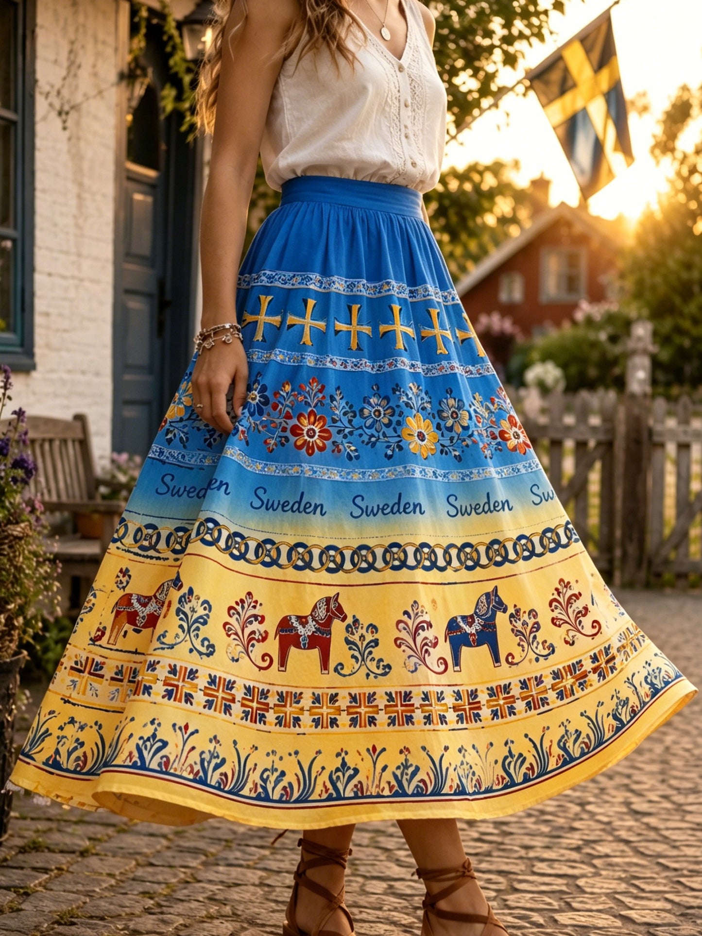 Damernas svenska midsommarfest minneskonsttryck midikjol
