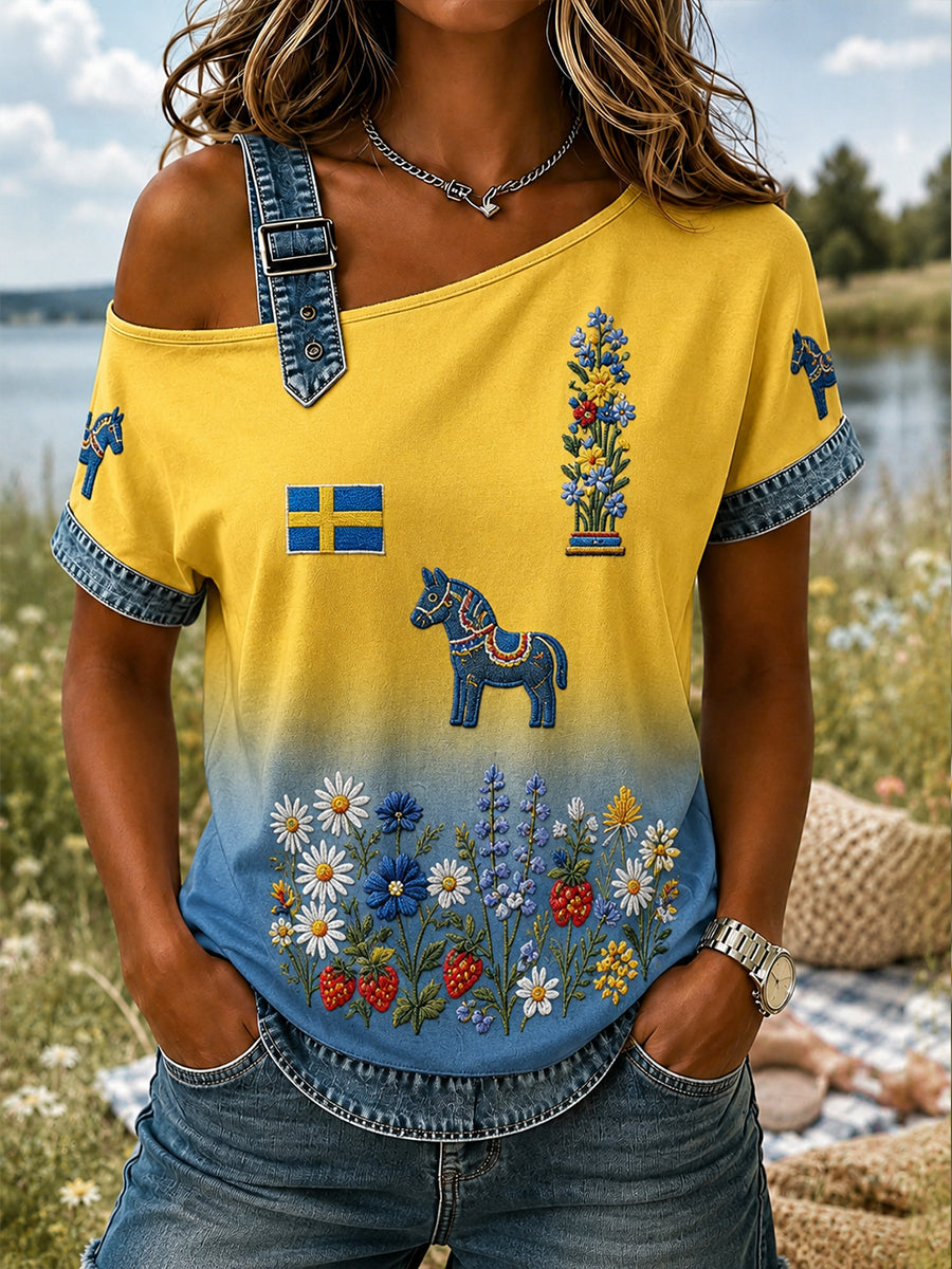 Retro svensk blommig dalahästtryckt vardagströja