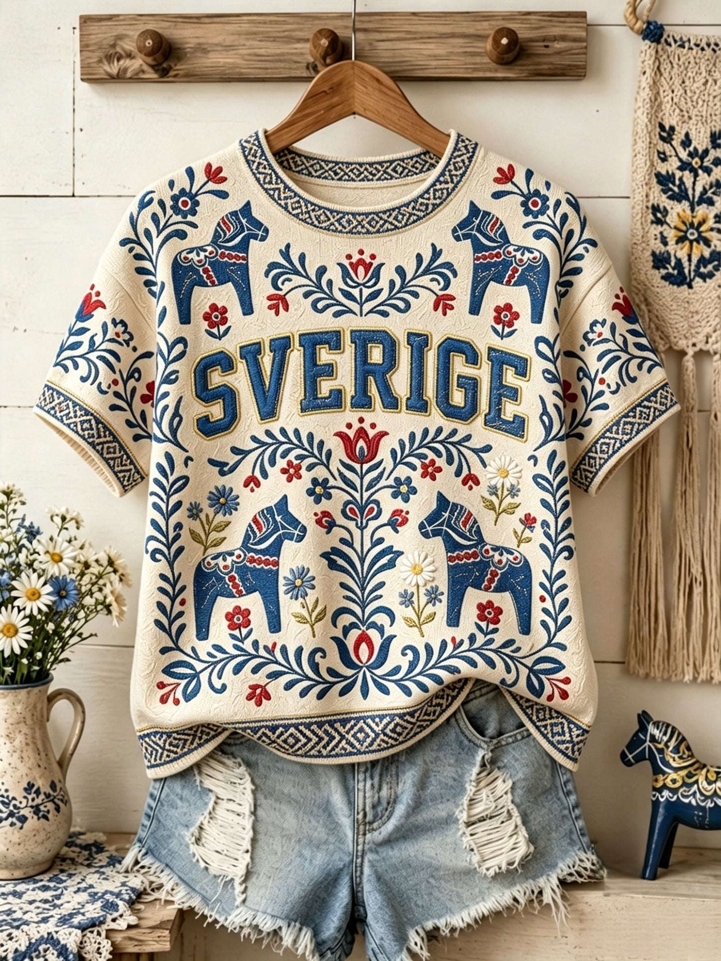 Dammens retro svensk midsommarfolkal blommig stickad kortärmad t-shirt