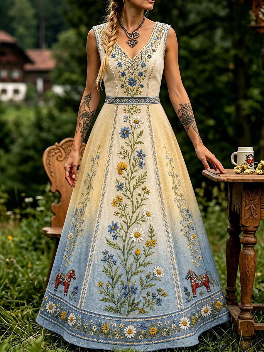 Vintage svensk blommig dalahästtryckt vardagsklänning