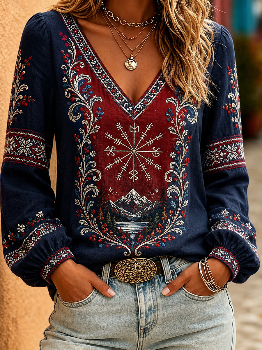 Retro Norska Viking Nordic Style Konst Print Casual Topp