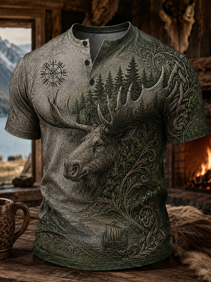 Retro Norska Viking nordisk stil Konst Print Casual Henley-tröja