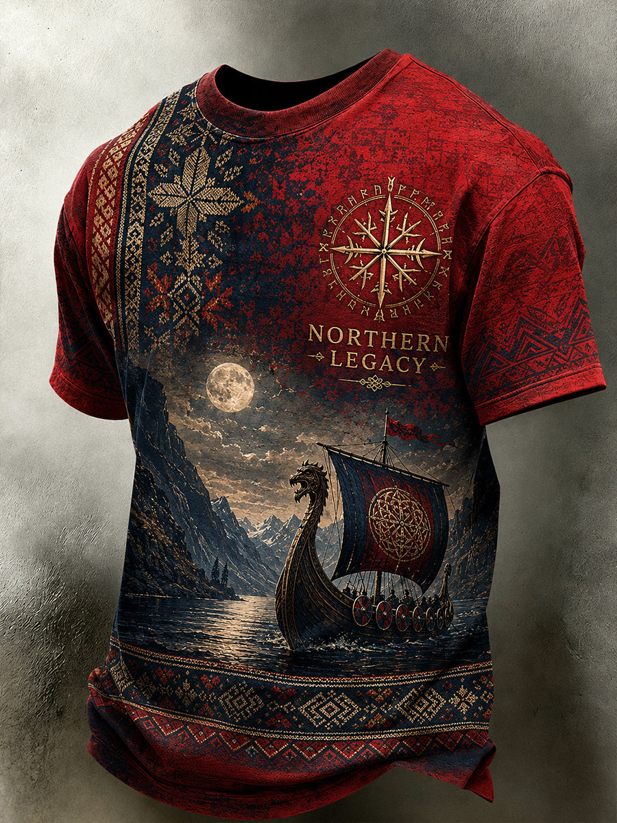 Retro norsk vikingnordisk stil konsttryck avslappnad t-shirt