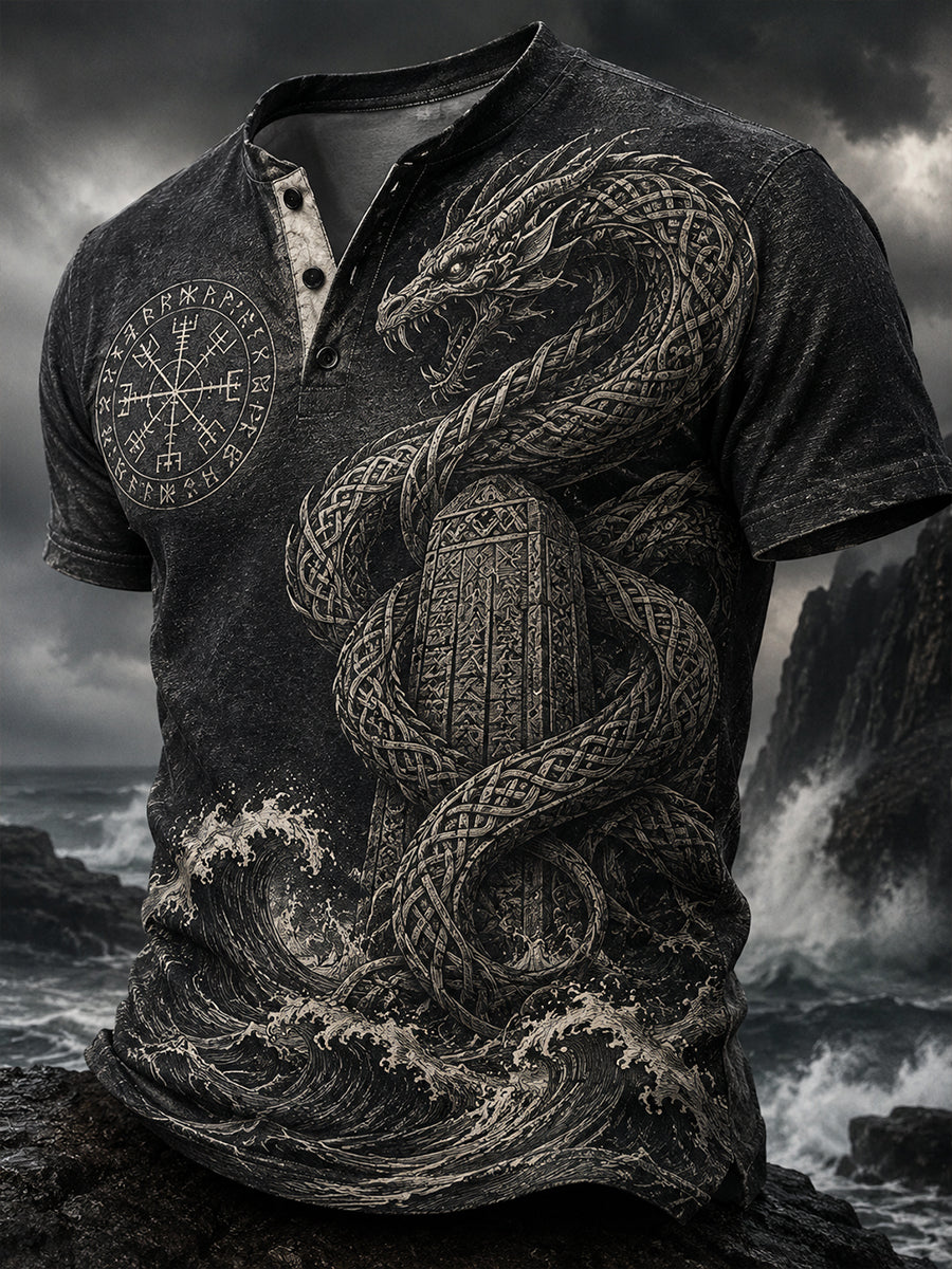 Retro norsk viking nordisk stil konsttryck avslappnad Henley-tröja