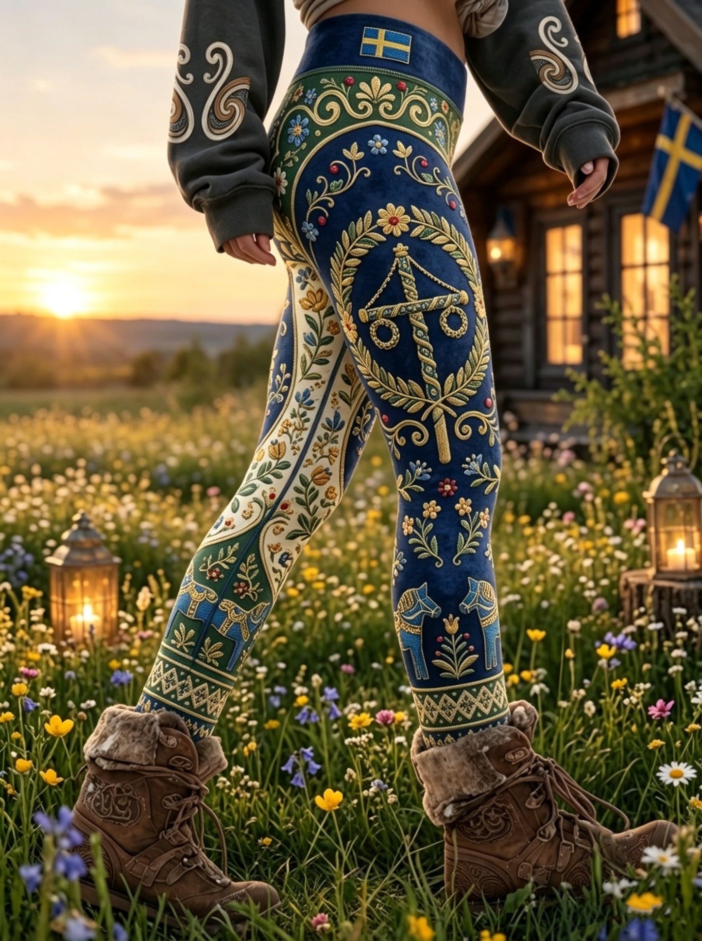 Damer Retro Svensk midsommar folkstil blommönstrade sportliga stretchleggings