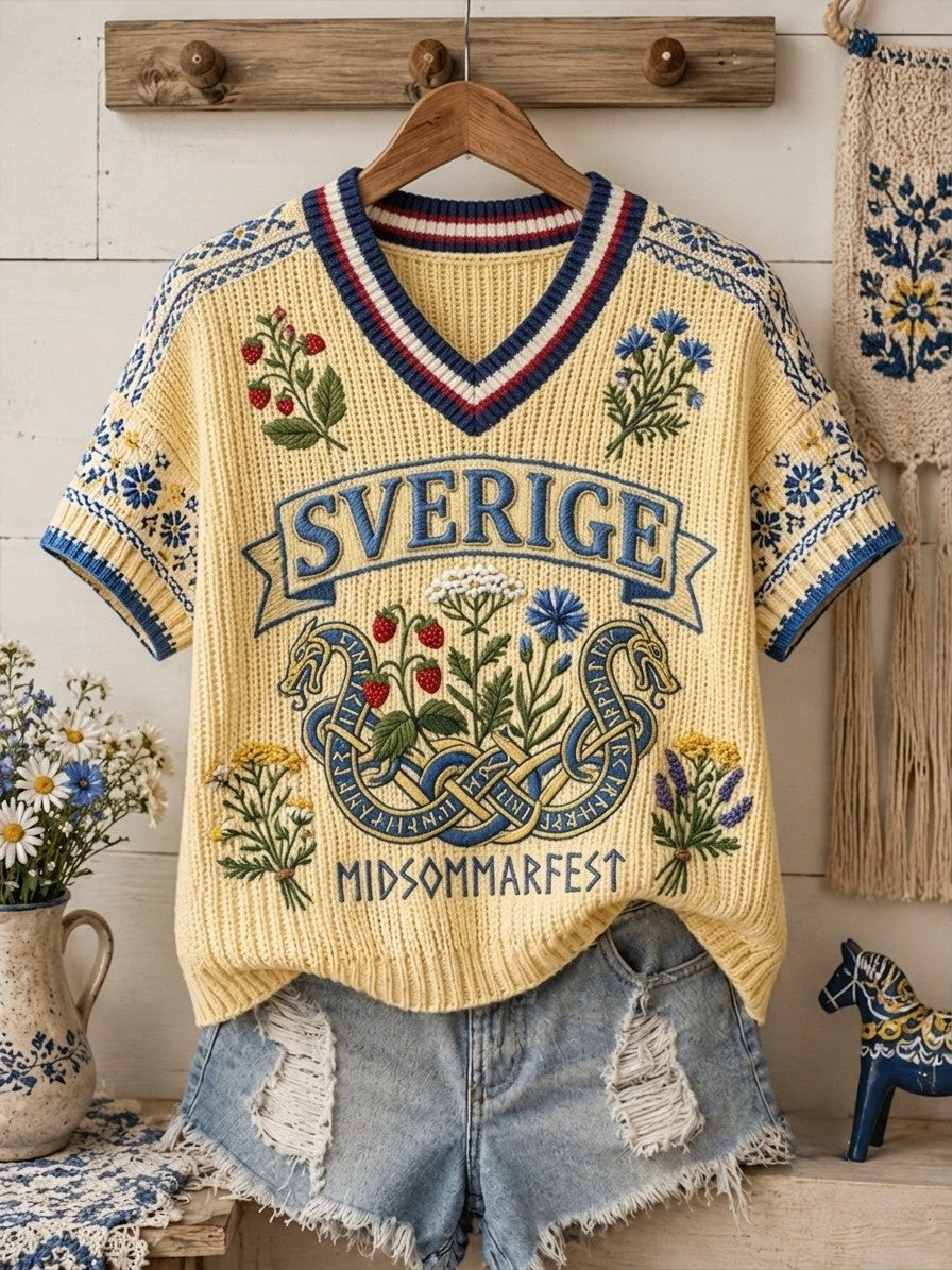 Dammens retro svensk midsommarfolk-stil bomullströja med blommönster och korta ärmar