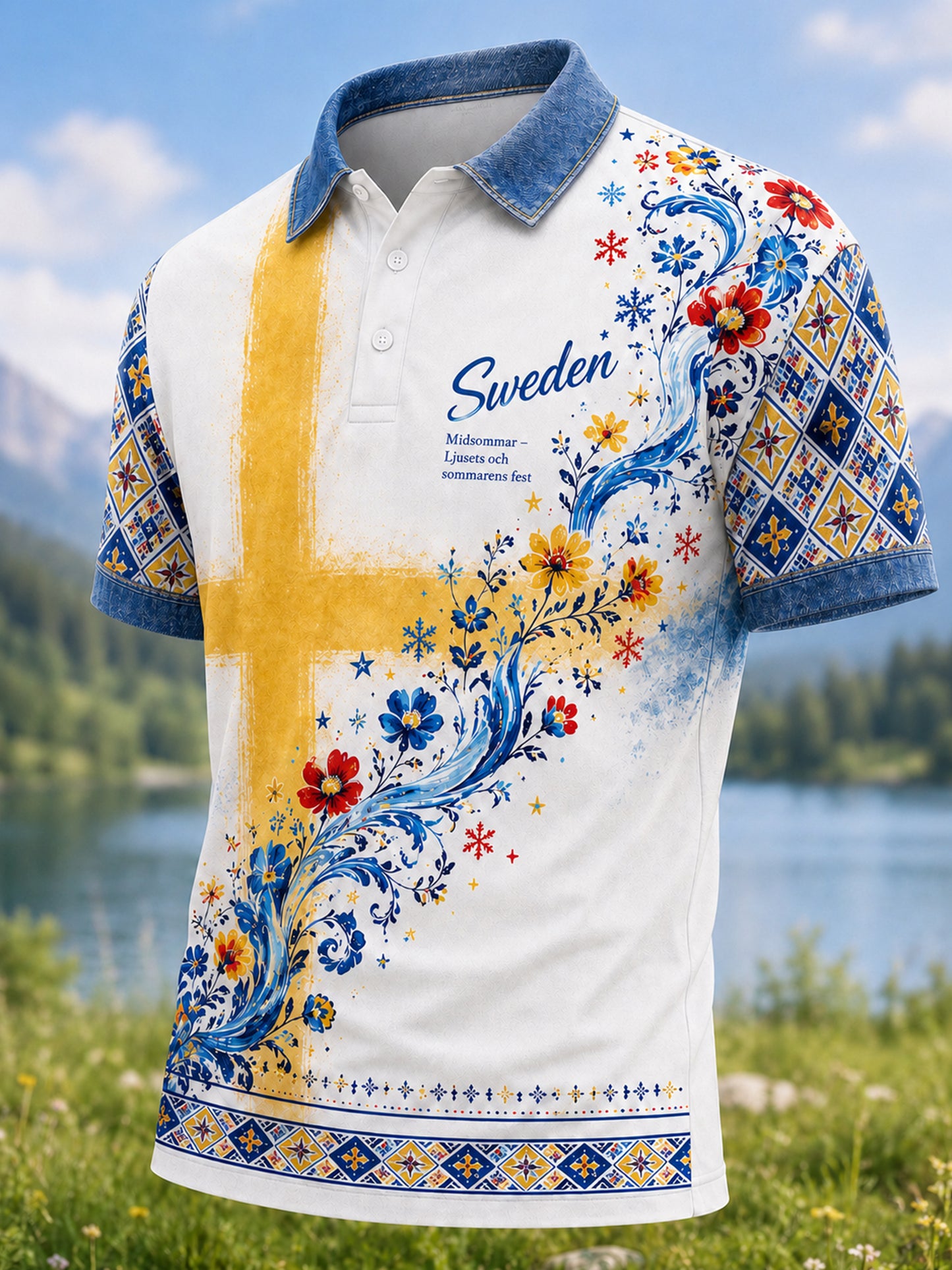 Herrpolotröja med konsttryck från den svenska midsommarfesten