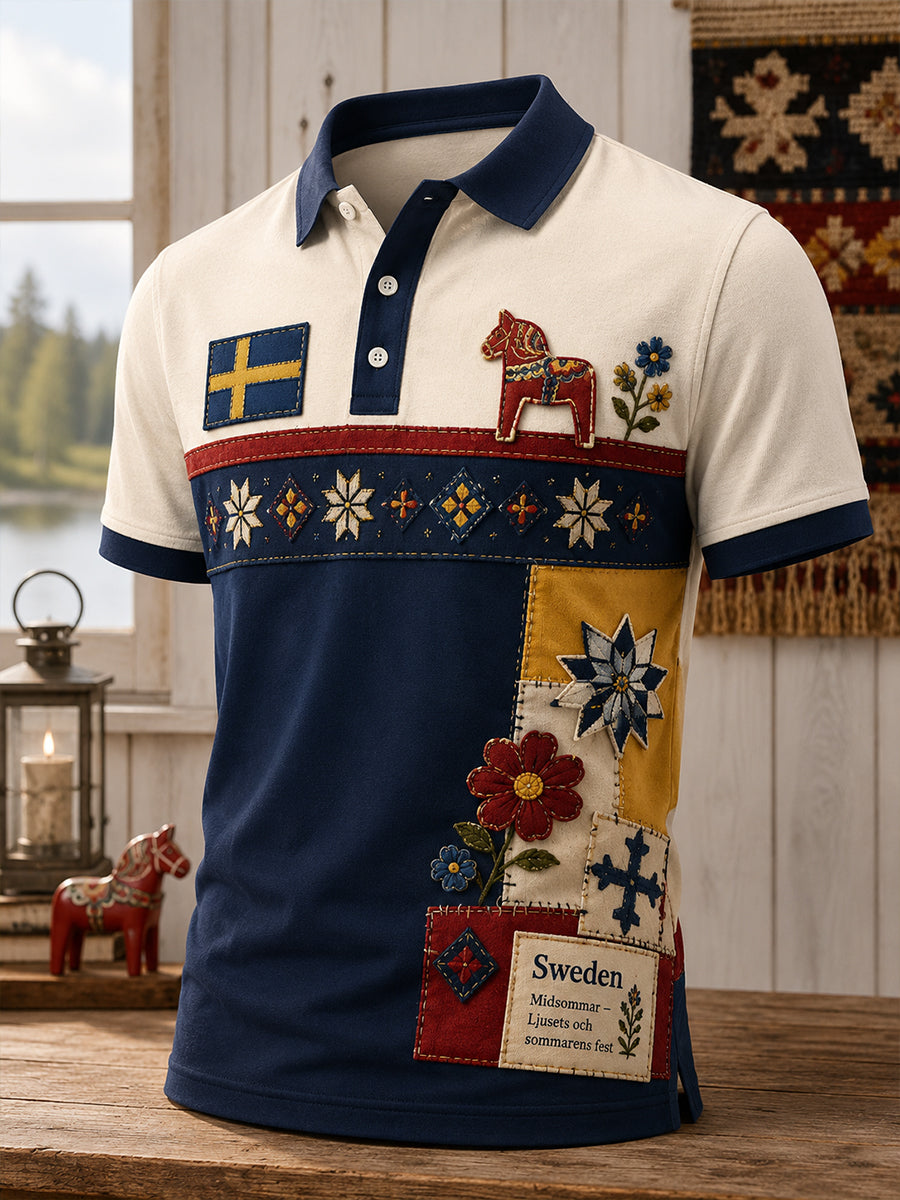 Herrpolotröja med konsttryck från den svenska midsommarfesten
