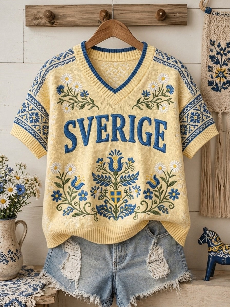 Dammens retro svensk midsommarfolk-stil bomullströja med blommönster och korta ärmar