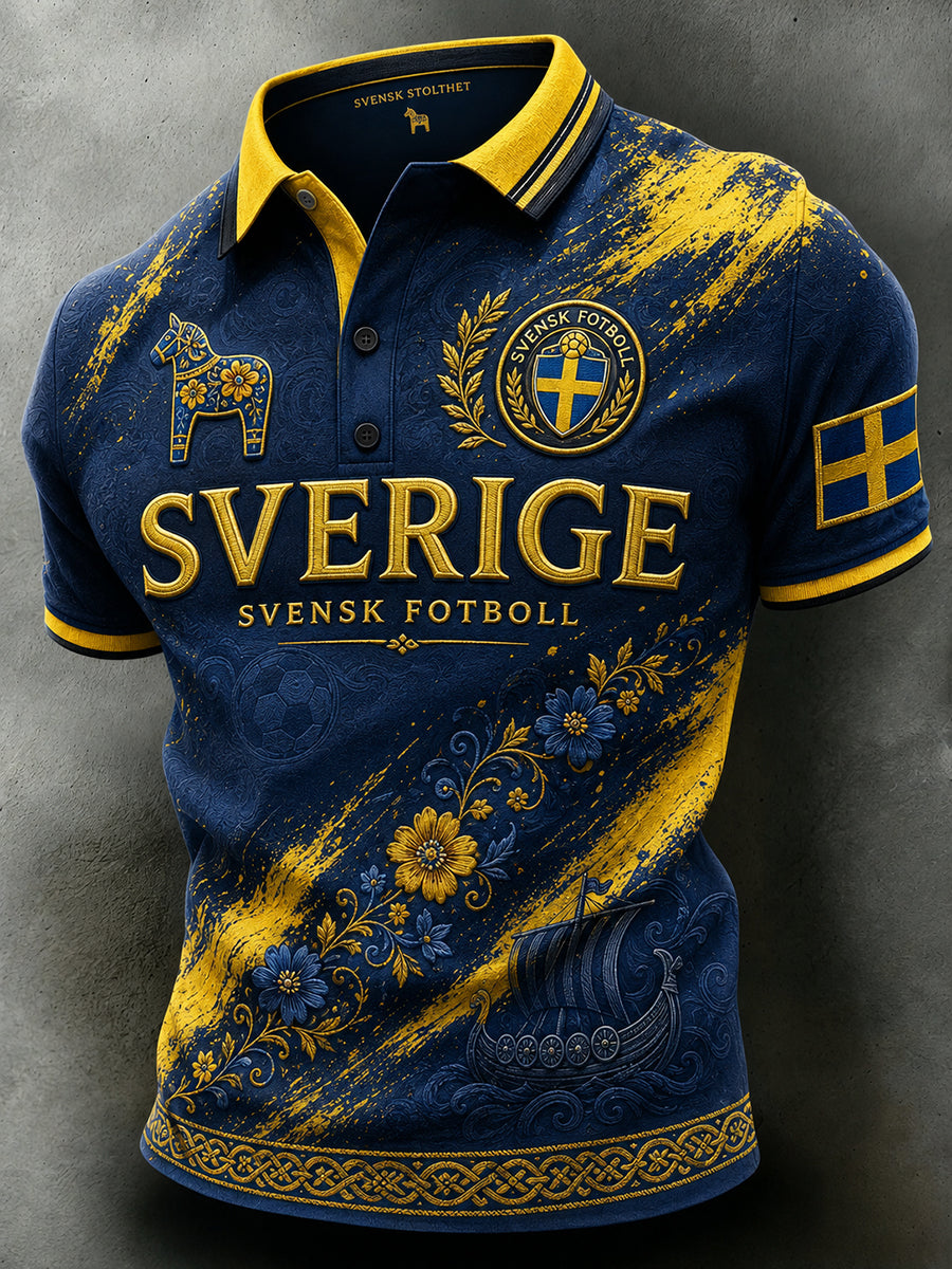 Retro svensk fotbollsfanart-print avslappnad pikétröja