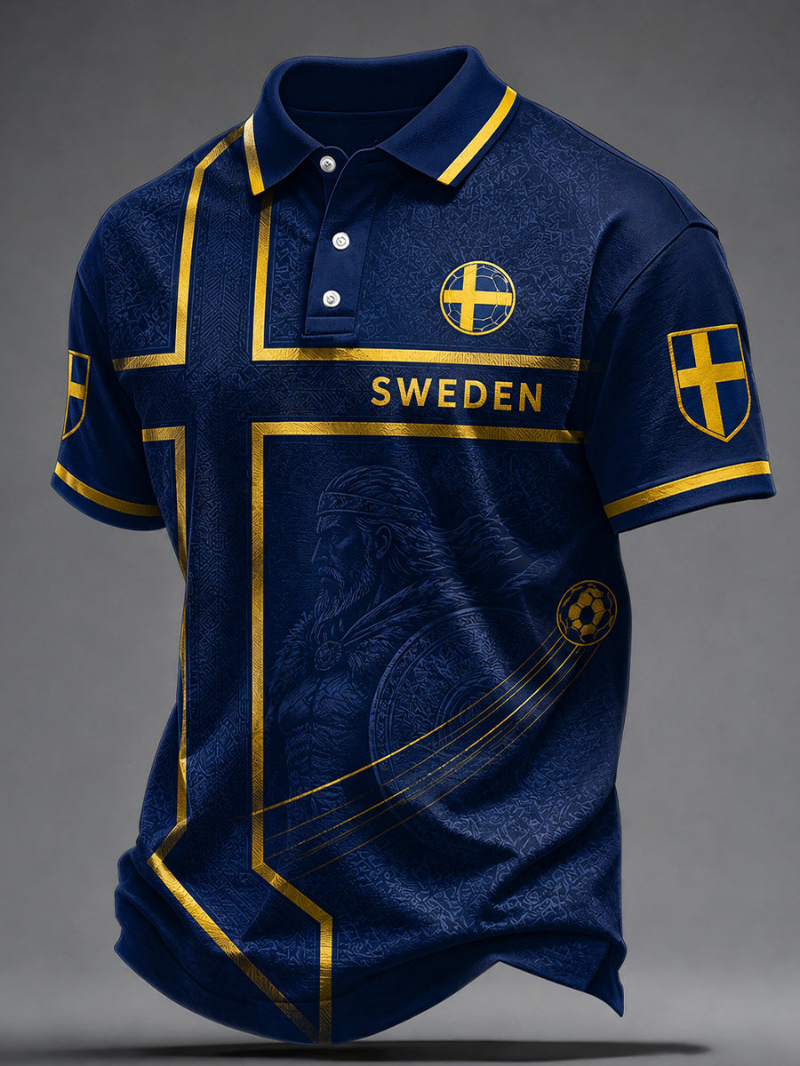 Retro svensk fotbollsfanart-print avslappnad pikétröja