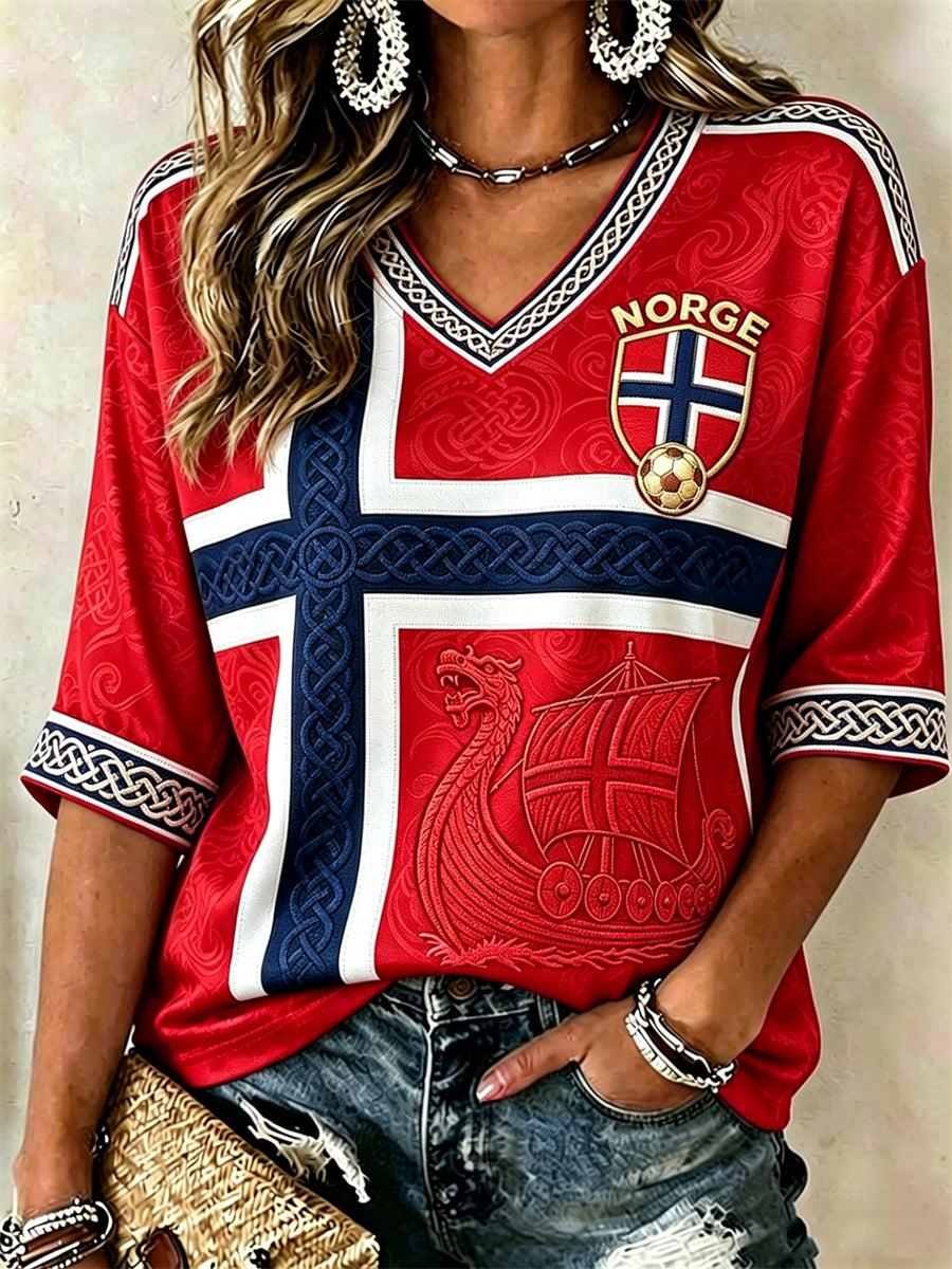 Kvinnors fotboll Viking skepp Celtic Flag Färgblock Skriv ut mitt längd ärmar V-hals T-shirt