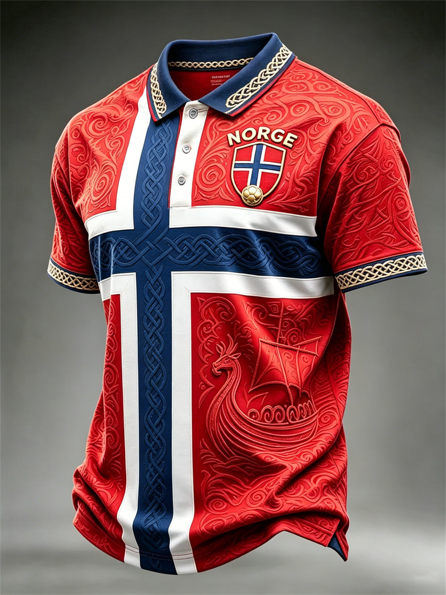 Mäns Norge Fotboll Viking Ship Celtic Norge Flag Colorblock Print polo skjorta