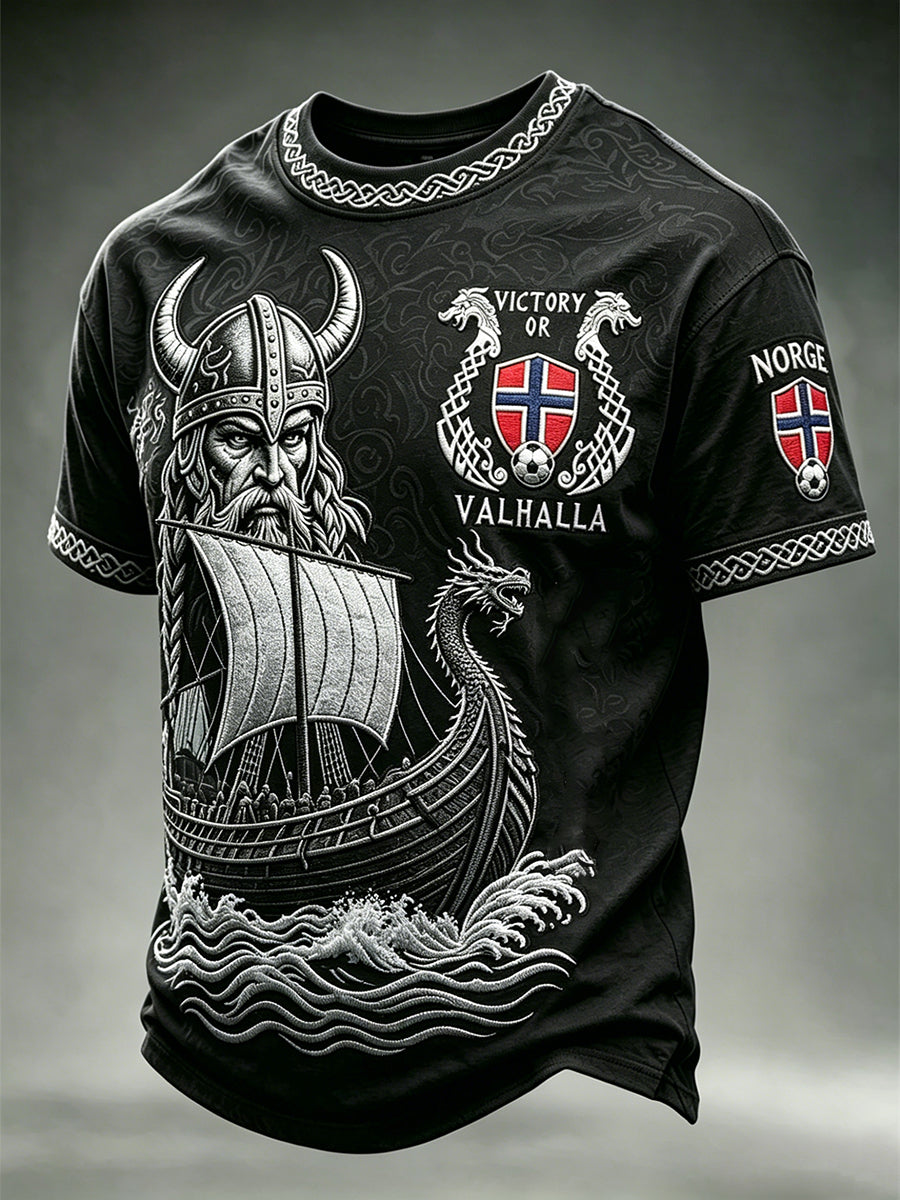 Mäns seger eller Valhalla Norge Fotboll Viking Warrior & Ship Skriv ut korta ärmar t-shirt