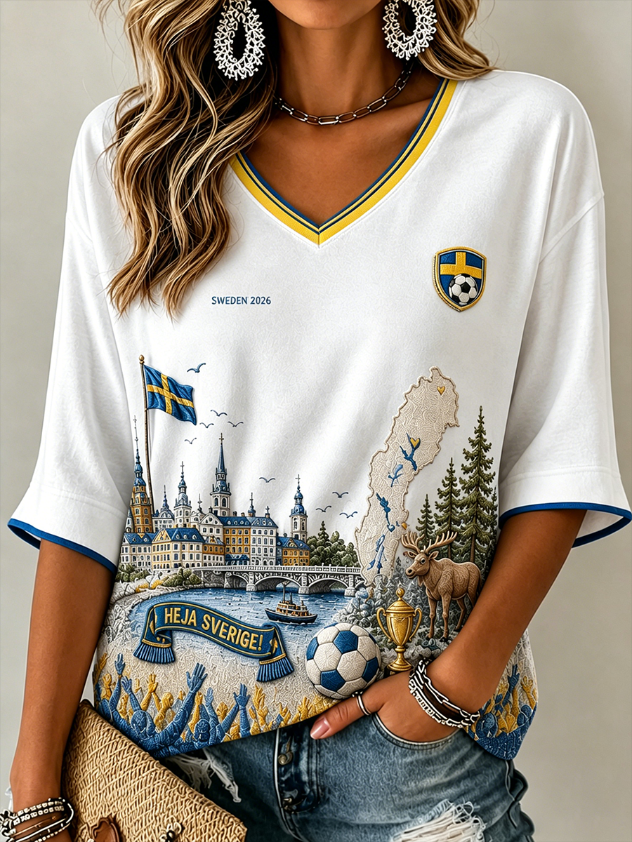 Kvinnors fotboll I Sverige Usa inspirerade blomsterbroderimönster Lin V-halskjort
