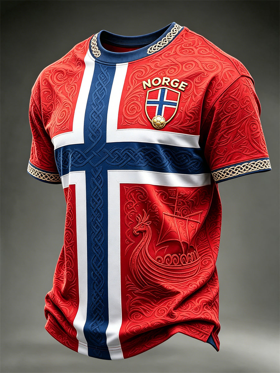 Mäns Viking skepp Norge Fotboll & Flag Colorblock Skriv ut korta ärmar t-shirt