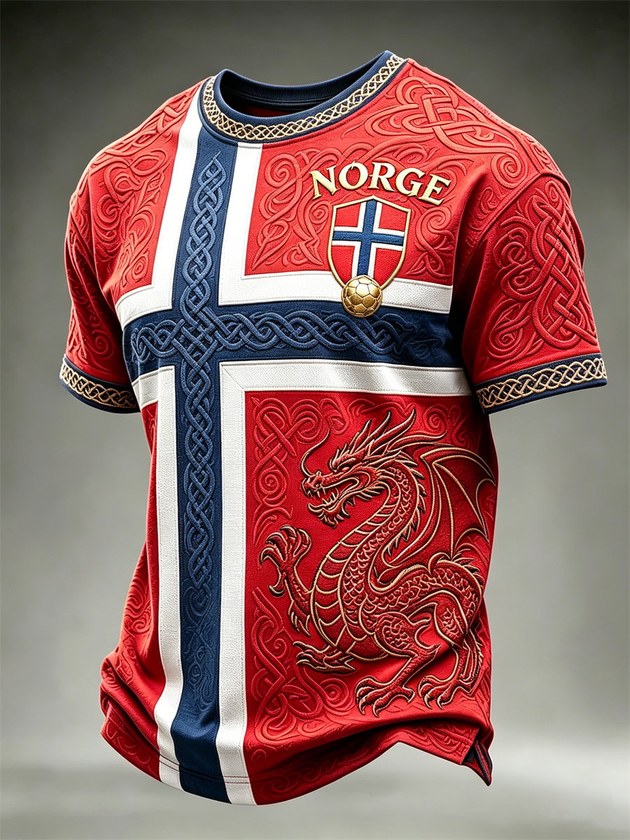 Mäns Norge Fotboll Viking drake Celtic Knot Flag Färgblock Skriv ut korta ärmar t-shirt