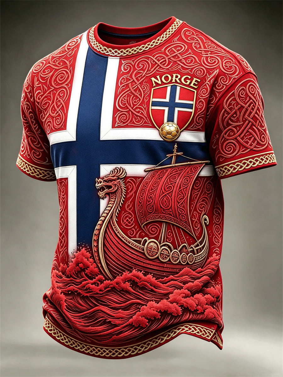 Mäns Norge Fotboll Viking skepp över vågor Celtic Knot Flag Färgblock Skriv ut korta ärmar t-shirt
