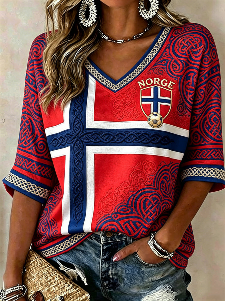 Kvinnors fotboll Viking Celtic Knop Flag Färgblock Skriv ut mitt längd ärmar V-hals T-shirt