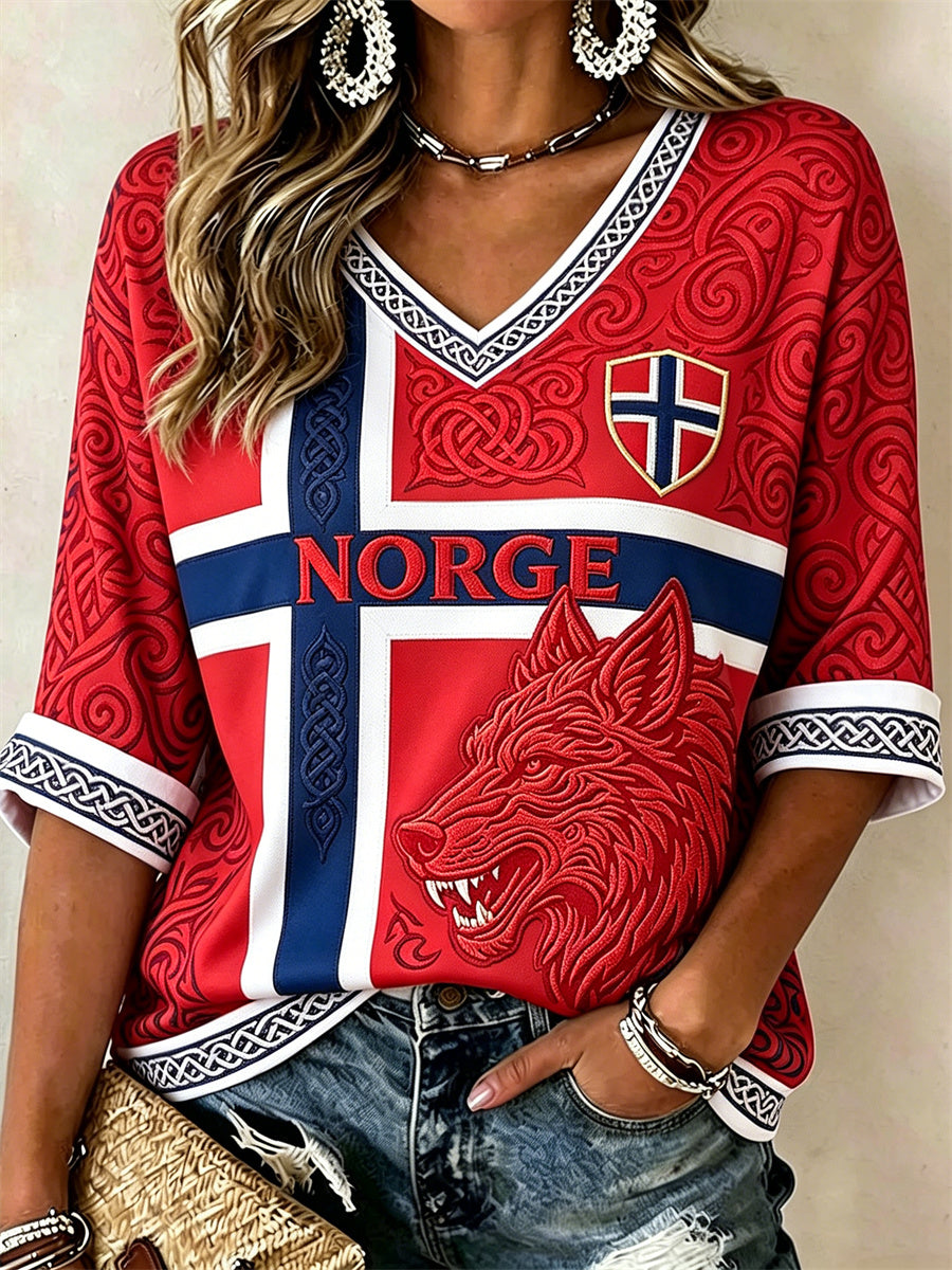 Kvinnors fotboll Viking Wolf Celtic Knot Flag Skriv ut mitt längd ärmar V-hals T-shirt