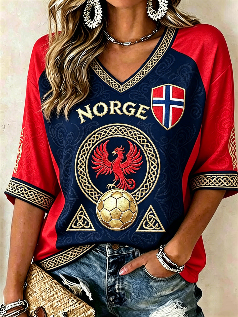 Kvinnors fotboll Viking Phoenix Celtic Knot Flag Kontrast Skriv ut mitt längd ärmar V-hals T-shirt