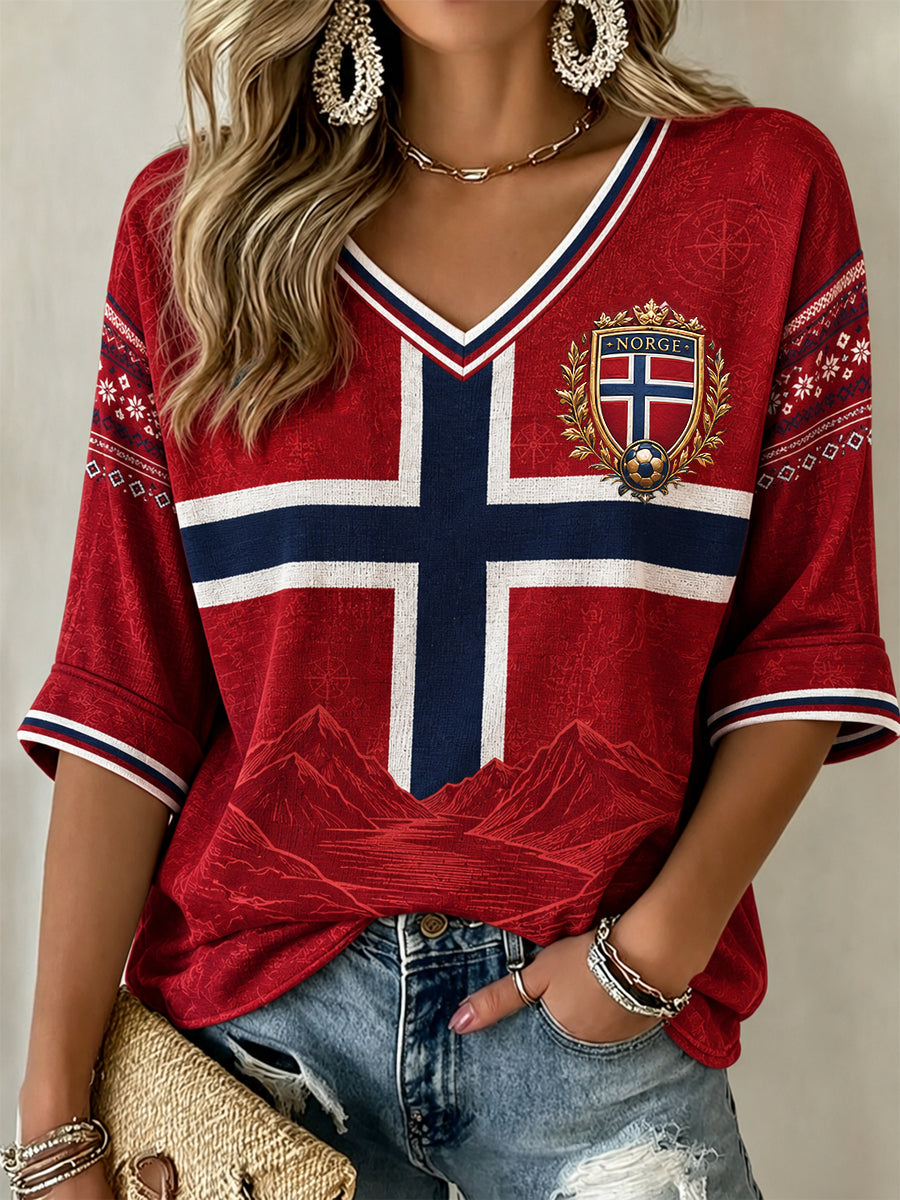 Damer Retro Norge 2026 Fotboll Klassisk T-shirt med V-ringning