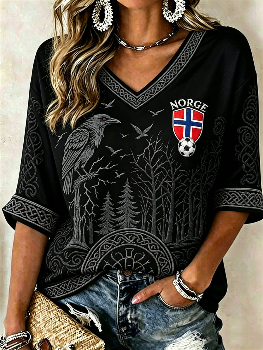 Kvinnors fotboll Viking Raven Skog Celtic Knop Skriv ut mitt längd ärmar V-hals T-shirt