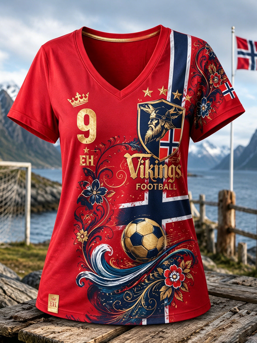 Damer norsk fotbollsmatch hejande element konsttryck v-ringad t-shirt