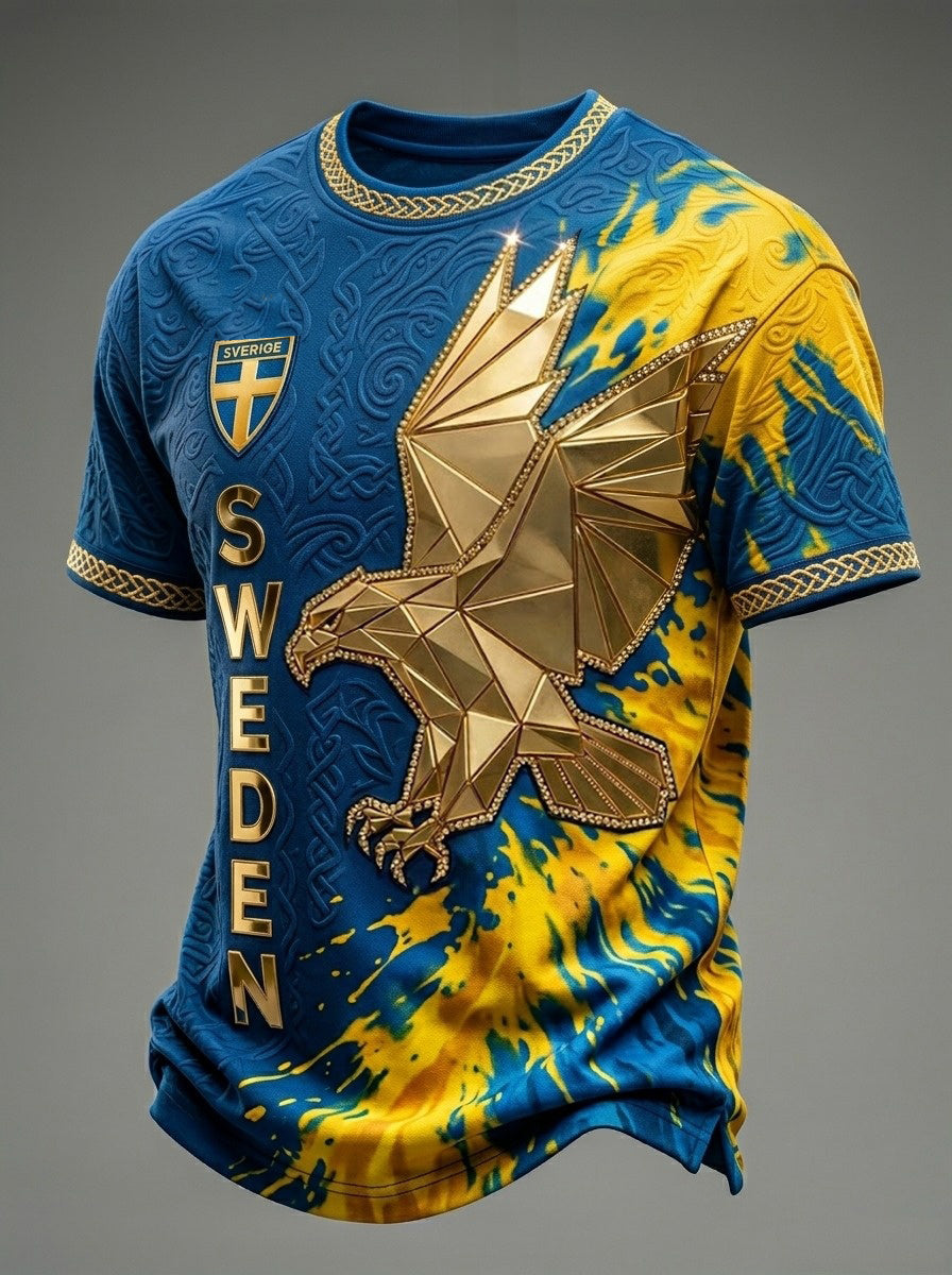 Herrtröja i retrostil med svensk fotbollsmotiv och korta ärmar