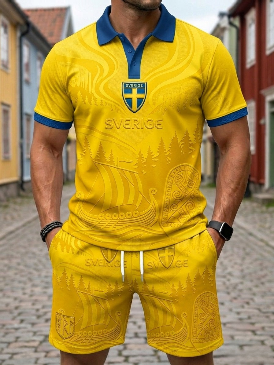 Mäns Retro Svensk fotboll älskare Skriv ut Short-Sleeve Polo Set