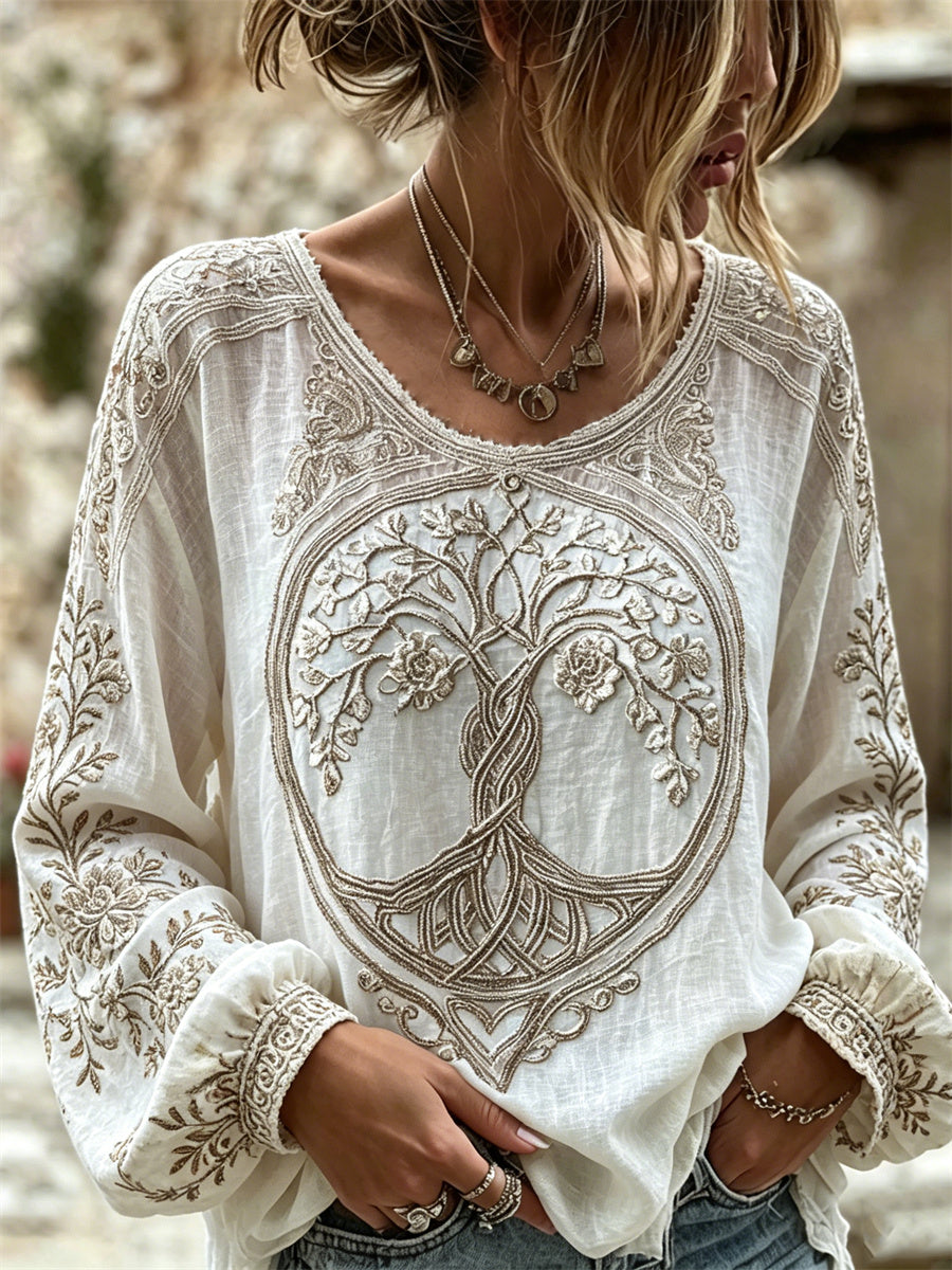 Kvinnors stilfulla blomster viking träd av liv keltisk knop Skriv ut bomull-Linen tröja