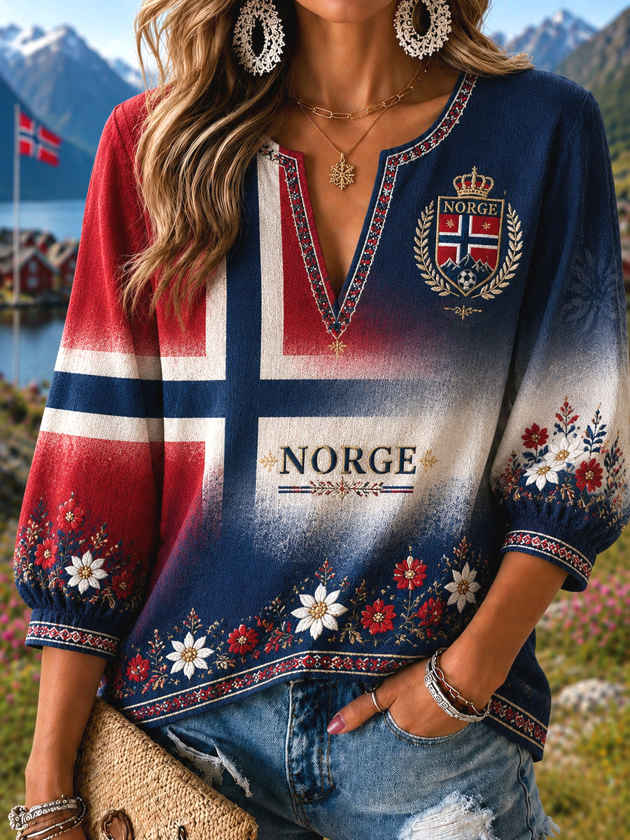 Kvinnors Retro norska fotboll Floral Gradient Art V-hals topp