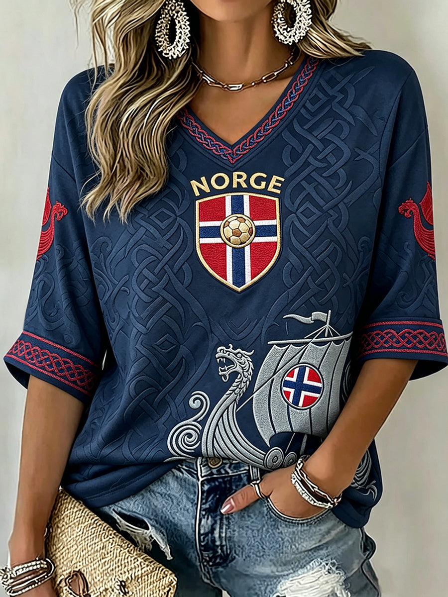 Kvinnors fotbollsfläkt med längd ärmar V-hals T-shirt