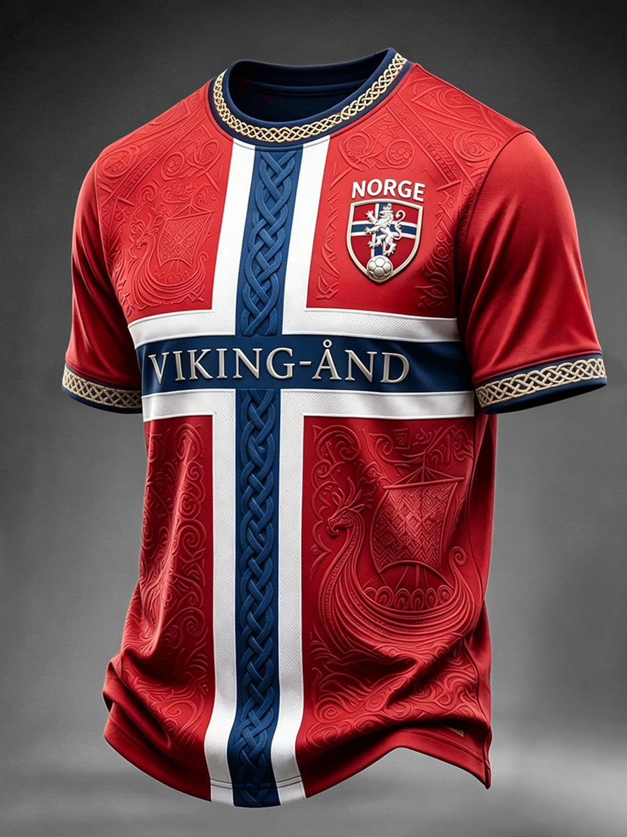 Herrtröja med fotbollsinspirerad viking- och keltiskt motiv samt korta ärmar från Norge