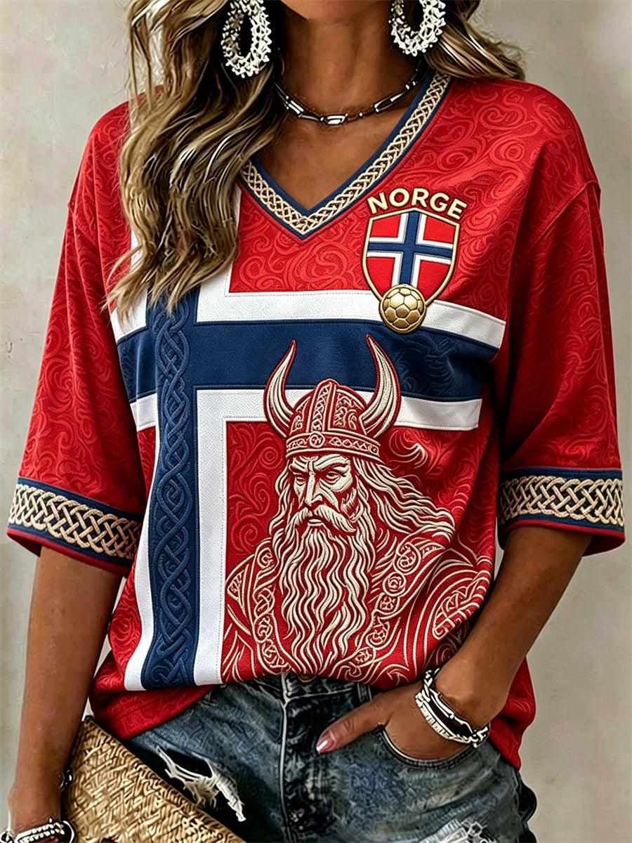 Kvinnors fotboll Viking krigare Celtic Knop Flag Skriv ut mitt längd ärmar V-hals T-shirt