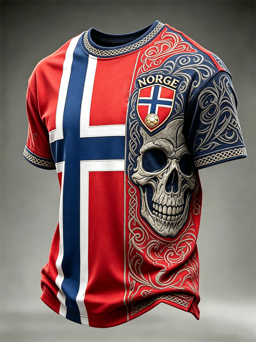 Mäns Norge Fotboll Viking Skull Celtic Knop Flag Färgblock Skriv ut korta ärmar t-shirt